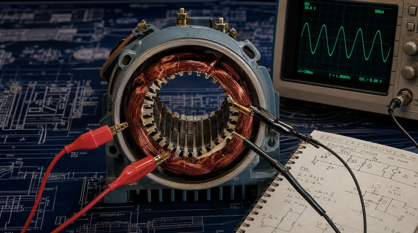 Motor winding diagnostic setup with leads and test instruments on a bench